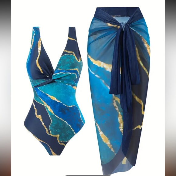 Other - NEW: (L) Marble design Blue and Gold Swimsuit with Sarong NEW